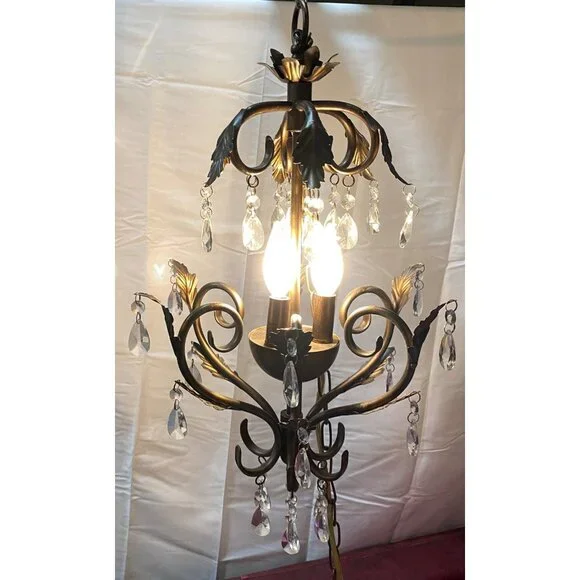Chandelier 3 Light Antique Rubbed Brass Leaf Scroll 31 2-Tier Prism Crystals - Picture 4 of 16